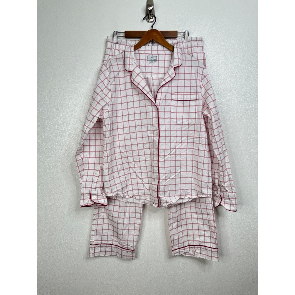 Petite Plume Womens Red White Windowpane Check Cotton Pajama‎ Set Size Large